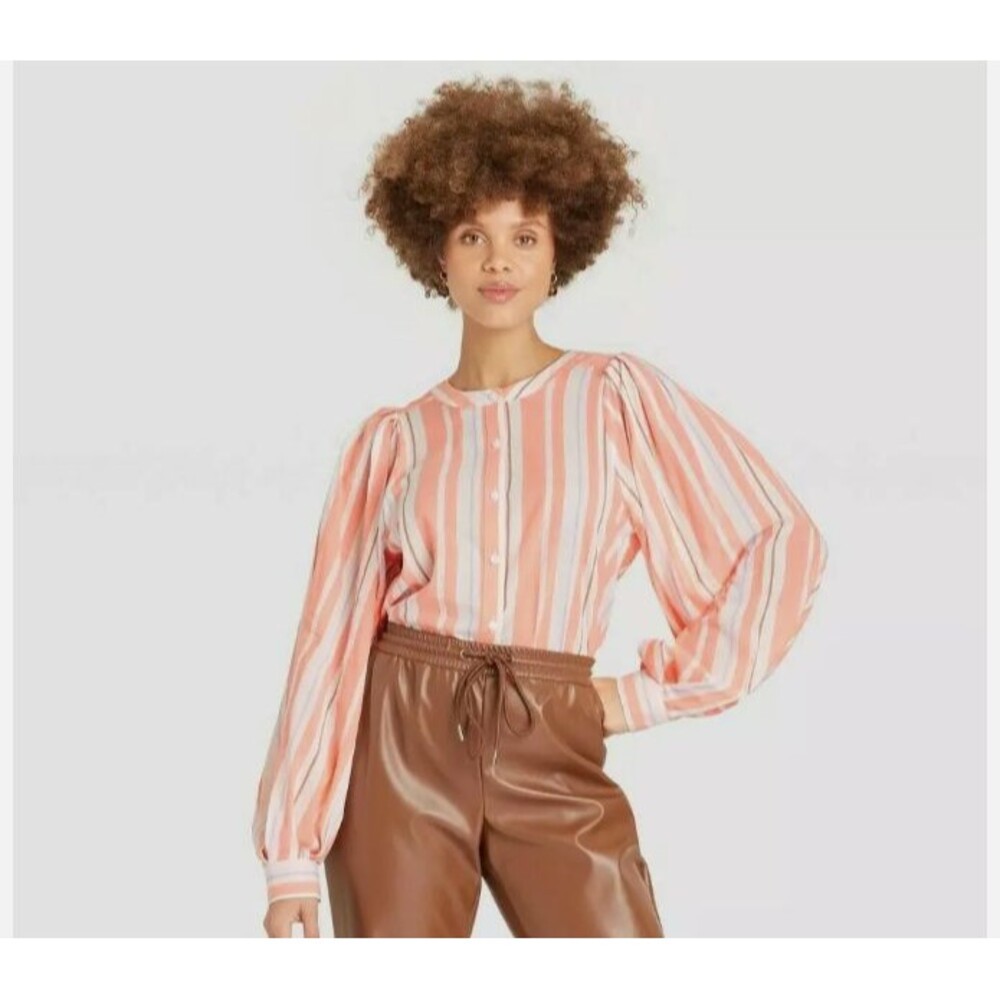 A New Day Coral Button Up Blouse-Medium-Balloon Sleeves-Mandarin Collar-NEW